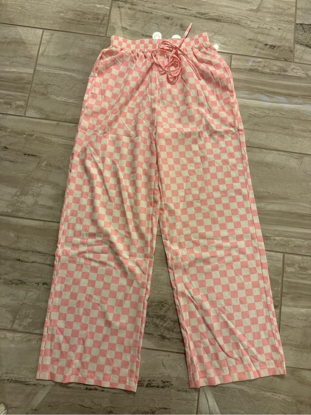 SHEIN Pink & White Checkerboard Wide Leg Pants